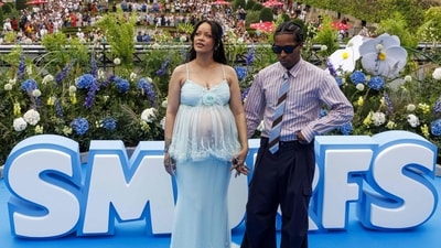 Rihanna was dressed up in vibrant blue colour for the Smurfs movie premiere, but Rocky became a vibe buzzkill with his dull, almost grey-scale look. (AFP) Rihanna was dressed up in vibrant blue colour for the Smurfs movie premiere, but Rocky became a vibe buzzkill with his dull, almost grey-scale look. (AFP)