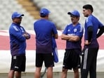 India's Shubman Gill with head coach Gautam Gambhir during a discussion with the selectors at Edgbaston