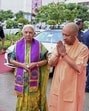 Uttar Pradesh chief minister Yogi Adityanath greets President Droupadi Murmu in Gorakhpur on Monday in the presence of governor Anandiben Patel and Union minister of state for health and family welfare Anupriya Patel. (PTI PHOTO)