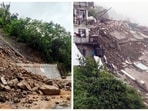 In Shimla’s Bhatta Kuffar, a five-storey building (R) collapsed within seconds on Monday morning