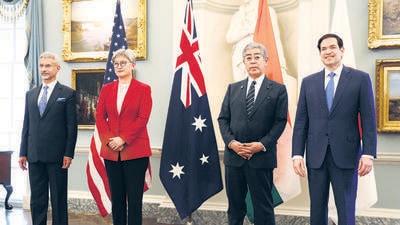 (From left) External affairs minister S Jaishankar and his counterparts from Australia, Penny Wong, Japan, Takeshi Iwaya, and the US, Marco Rubio, in Washington, DC on Tuesday. (REUTERS) (From left) External affairs minister S Jaishankar and his counterparts from Australia, Penny Wong, Japan, Takeshi Iwaya, and the US, Marco Rubio, in Washington, DC on Tuesday. (REUTERS)