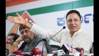 AICC general secretary Randeep Singh Surjewala addresses a press conference at the Bengaluru party office on Tuesday (PTI) AICC general secretary Randeep Singh Surjewala addresses a press conference at the Bengaluru party office on Tuesday (PTI)