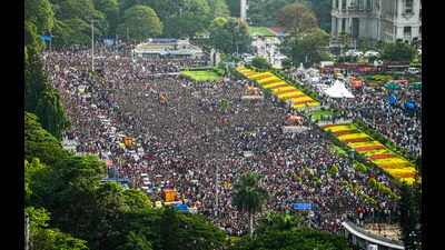 An aerial view of fans gathered during Royal Challengers Bengaluru’s felicitation ceremony after the team won the Indian Premier League (IPL) 2025, at Vidhana Soudha, in Bengaluru. (PTI) An aerial view of fans gathered during Royal Challengers Bengaluru’s felicitation ceremony after the team won the Indian Premier League (IPL) 2025, at Vidhana Soudha, in Bengaluru. (PTI)