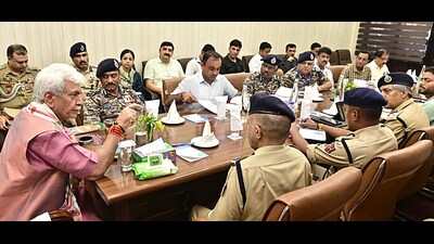 Jammu and Kashmir lieutenant governor Manoj Sinha chairs a meeting to review the arrangements for pilgrims of the upcoming Amarnath Yatra in Jammu on Tuesday. (ANI) Jammu and Kashmir lieutenant governor Manoj Sinha chairs a meeting to review the arrangements for pilgrims of the upcoming Amarnath Yatra in Jammu on Tuesday. (ANI)