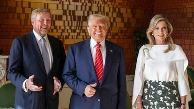 President Donald Trump poses with Netherland's King Willem Alexander and Netherland's Queen Maxima at the Paleis Huis den Bosch prior to attending a NATO summit in The Hague, Netherlands, Wednesday, June 25, 2025. (Frank van Beek, Pool Photo via AP) (AP) President Donald Trump poses with Netherland's King Willem Alexander and Netherland's Queen Maxima at the Paleis Huis den Bosch prior to attending a NATO summit in The Hague, Netherlands, Wednesday, June 25, 2025. (Frank van Beek, Pool Photo via AP) (AP)