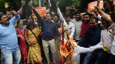 Shiv Sena (UBT) workers protest against the imposition of Hindi in schools (Anshuman Poyrekar/ Hindustan Times)