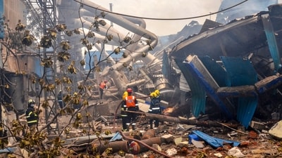 The explosion at a Telangana pharmaceutical plant on Monday, June 30, 2025, led to the collapse of the unit and quickly spread fire to nearby buildings on-site. (PTI) The explosion at a Telangana pharmaceutical plant on Monday, June 30, 2025, led to the collapse of the unit and quickly spread fire to nearby buildings on-site. (PTI)