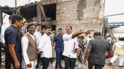 Telangana Chief Minister A Revanth Reddy with others during an inspection at the site of an explosion at the Sigachi Industries' pharma plant, at Pashamylaram in Sangareddy district, Telangana. (PTI) Telangana Chief Minister A Revanth Reddy with others during an inspection at the site of an explosion at the Sigachi Industries' pharma plant, at Pashamylaram in Sangareddy district, Telangana. (PTI)