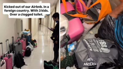 The family posted footage of their luggage left outside the property, along with a shot of the toilet filled with unflushed tissue. (Instagram/thehendrixtribe) The family posted footage of their luggage left outside the property, along with a shot of the toilet filled with unflushed tissue. (Instagram/thehendrixtribe)