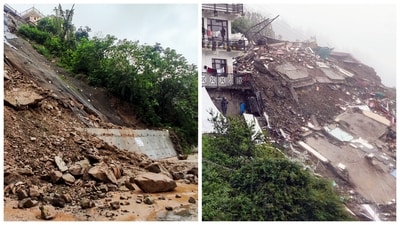 In Shimla’s Bhatta Kuffar, a five-storey building (R) collapsed within seconds on Monday morning (PTI photos) In Shimla’s Bhatta Kuffar, a five-storey building (R) collapsed within seconds on Monday morning (PTI photos)