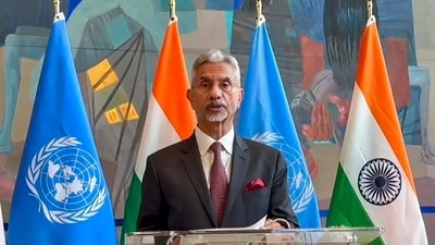 External Affairs Minister S Jaishankar speaks during inauguration of an exhibition titled 'The Human Cost of Terrorism' at the UN headquarters, in New York (PTI)