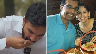 The internet dug up photos of Brandon Gill's in-laws after he criticised Zohran Mamdani (L) for eating with bare hands. (X) The internet dug up photos of Brandon Gill's in-laws after he criticised Zohran Mamdani (L) for eating with bare hands. (X)