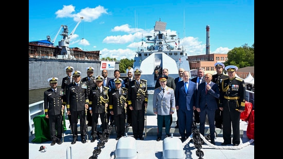 Indian and Russian naval officers during the commissioning ceremony of Indian Navy's Russian-manufactured guided missile frigate 'INS Tamal', in Kaliningrad, Russia. (PTI)