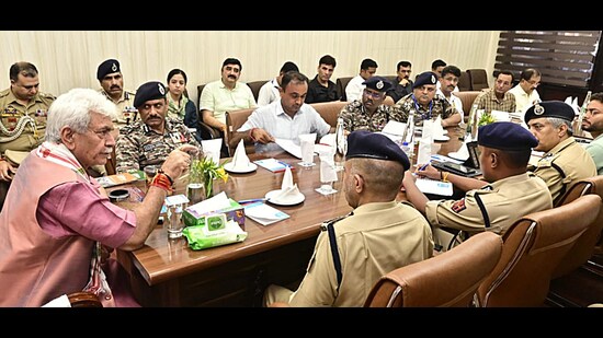 Jammu and Kashmir lieutenant governor Manoj Sinha chairs a meeting to review the arrangements for pilgrims of the upcoming Amarnath Yatra in Jammu on Tuesday. (ANI)