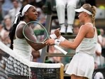 Dayana Yastremska of Ukraine shakes hands with Coco Gauff of the U.S., left, after winning the first round women's single match at the Wimbledon Tennis Championships