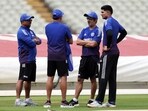 India's Shubman Gill with head coach Gautam Gambhir during practice 