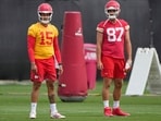 Kansas City Chiefs quarterback Patrick Mahomes (15) and tight end Travis Kelce (87) stretch during the NFL football team's practice Wednesday, June 18, 2025, in Kansas City, Mo. (AP Photo/Charlie Riedel) Kansas City Chiefs quarterback Patrick Mahomes (15) and tight end Travis Kelce (87) stretch during the NFL football team's practice Wednesday, June 18, 2025, in Kansas City, Mo. (AP Photo/Charlie Riedel)