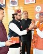 Hamirpur MP Anurag Thakur, Himachal leader of Opposition Jai Ram Thakur congratulating Rajeev Bindal, after he was elected as state BJP chief. (Deepak Sansta/HT)