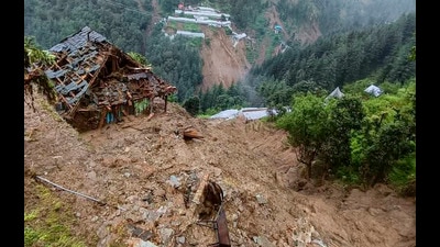 A house damaged following cloudbursts and flash floods at Seraj in Mandi, HP, on Wednesday. (PTI) A house damaged following cloudbursts and flash floods at Seraj in Mandi, HP, on Wednesday. (PTI)