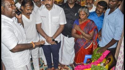 AIADMK members and others pay tribute to Ajithkumar who died in custody, in Sivaganga, Tamil Nadu, on Wednesday (PTI)