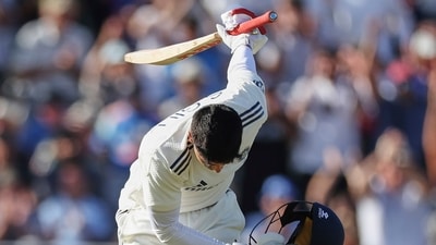 Shubman Gill celebrates his century at Edgbaston, his second in two matches as India captain. Gill shouldered plenty of responsibility, particularly in the evening session when the going got tough. (AP)
