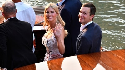 Donald Trump's daughter Ivanka Trump, center, waves as she and her husband Jared Kushner, right, arrive in Venice, Italy, Thursday, June 26, 2025, ahead of Jeff Bezos' wedding. (AP) Donald Trump's daughter Ivanka Trump, center, waves as she and her husband Jared Kushner, right, arrive in Venice, Italy, Thursday, June 26, 2025, ahead of Jeff Bezos' wedding. (AP)