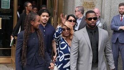 Janice Combs, 85, Diddy's mother, greeted media&nbsp;outside the courthouse&nbsp;as she and the rapper's&nbsp;kids left hand in hand after verdict in Diddy's sex trafficking trial. (AFP via Getty Images)