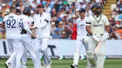 Karun Nair was promoted to number three after Sai Sudharsan was dropped, and while he looked good in spurts, wasn't able to capitalise on a solid start. After riding his luck a touch, one from Brydon Carse reared up on him and caught his edge. (AP)