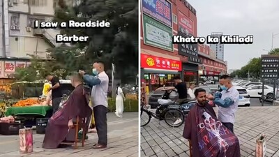 An Indian traveller getting a haircut from a Chinese roadside barber. (YouTuber/@DevangSethiTPW) An Indian traveller getting a haircut from a Chinese roadside barber. (YouTuber/@DevangSethiTPW)