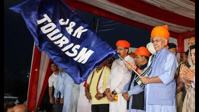 J&K lieutenant governor Manoj Sinha flagging off the first batch of pilgrims of Shri Amarnath Yatra 2025 from Bhagwati Nagar base camp in Jammu on Wednesday. (ANI) J&K lieutenant governor Manoj Sinha flagging off the first batch of pilgrims of Shri Amarnath Yatra 2025 from Bhagwati Nagar base camp in Jammu on Wednesday. (ANI)