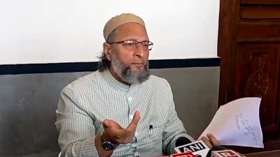 AIMIM chief Asaduddin Owaisi addresses a press conference on voter revision, in Hyderabad, Wednesday, July 2, 2025. He also criticised vigilante groups harassing eatery owners along the Kanwar Yatra route. (PTI) AIMIM chief Asaduddin Owaisi addresses a press conference on voter revision, in Hyderabad, Wednesday, July 2, 2025. He also criticised vigilante groups harassing eatery owners along the Kanwar Yatra route. (PTI)