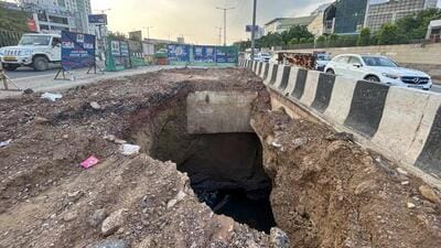 The latest cave-in took place opposite SD Adarsh Vidyalaya, where an 18-square-foot portion of the road collapsed (Parveen Kumar/HT Photo) The latest cave-in took place opposite SD Adarsh Vidyalaya, where an 18-square-foot portion of the road collapsed (Parveen Kumar/HT Photo)