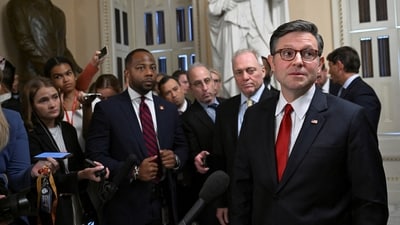 Speaker of the House Mike Johnson speaks to the press, as Republican lawmakers struggle to pass Donald Trump's sweeping spending and tax bill (REUTERS)