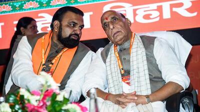 Union defence minister Rajnath Singh (right) with Bihar deputy CM Samrat Chaudhary in Patna on Wednesday. (ANI Photo) Union defence minister Rajnath Singh (right) with Bihar deputy CM Samrat Chaudhary in Patna on Wednesday. (ANI Photo)