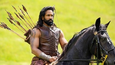 Kannappa box office collection day 6: Vishnu Manchu in a still from Kannappa. Kannappa box office collection day 6: Vishnu Manchu in a still from Kannappa.