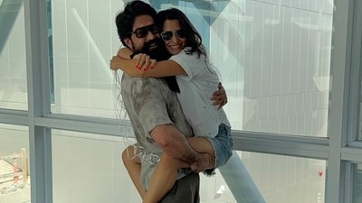 Radhika Pandit jumped on Yash and held him close as he returned to Bengaluru. Radhika Pandit jumped on Yash and held him close as he returned to Bengaluru.