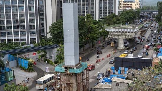 Mumbai, India - June 27, 2025: A view of the under construction extension of the flyover Kora Kendra to the Western Express Highway (WEH) at Borivali in Mumbai, India, on Friday, June 27, 2025. (Photo by Satish Bate/ Hindustan Times) (Hindustan Times)