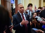 US House Minority Leader Hakeem Jeffries, Democrat of New York, talks to reporters as he leaves the House floor. US House Minority Leader Hakeem Jeffries, Democrat of New York, talks to reporters as he leaves the House floor.