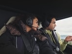 Patralekhaa and Rajkummar Rao riding in a helicopter by Lake Taupō, New Zealand. 