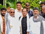 Karnataka Chief Minister Siddaramaiah with Deputy CM DK Shivakumar before the commencement of the 14th Cabinet meeting at Nandi Giridham in Chikkaballapur.