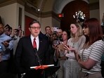 U.S House of Representatives Speaker Mike Johnson speaks to the press as Republican lawmakers struggle to pass the Big Beautiful Bill