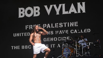 Bob Vylan perform on the West Holts Stage, during the Glastonbury Festival at Worthy Farm in Somerset. England, Saturday, June 28, 2025. (AP) Bob Vylan perform on the West Holts Stage, during the Glastonbury Festival at Worthy Farm in Somerset. England, Saturday, June 28, 2025. (AP)