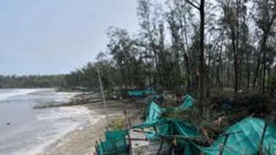 Alibag, India - June 4, 2020: Food stalls and the big trees are damage at Kashid beach after Cyclone Nisarga battered the in Raigad district, India, on Thursday, June 4, 2020. (Photo by Satish Bate/Hindustan Times)(Mumbai) (Satish Bate/HT Photo)