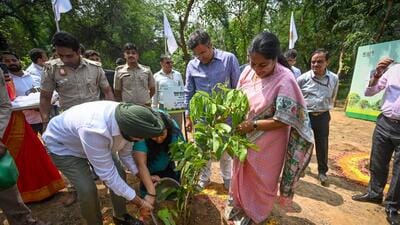 CM Rekha Gupta along with Cabinet Ministers planting a tree on the occasion of Van Mahotsav on Thursday. (Sanchit Khanna/ Hindustan Times) CM Rekha Gupta along with Cabinet Ministers planting a tree on the occasion of Van Mahotsav on Thursday. (Sanchit Khanna/ Hindustan Times)