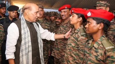 Defence minister Rajnath Singh with women defence personnel at the Northern Command HQ in Udhampur. (Photo from X) Defence minister Rajnath Singh with women defence personnel at the Northern Command HQ in Udhampur. (Photo from X)