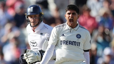 India's captain Shubman Gill, right, celebrates after scoring a century on day one of the second cricket test match between England and India (AP) India's captain Shubman Gill, right, celebrates after scoring a century on day one of the second cricket test match between England and India (AP)