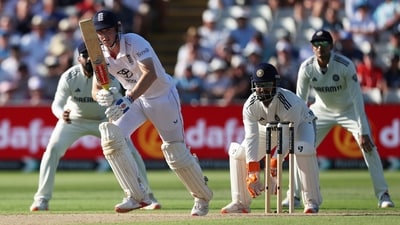 England's Harry Brook plays a shot as Rishabh Pant and Shubman Gill look on (AP)