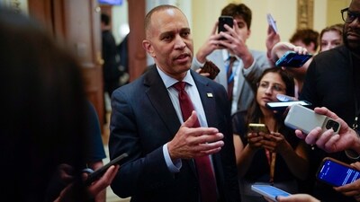 US House Minority Leader Hakeem Jeffries, Democrat of New York, talks to reporters as he leaves the House floor. (AFP) US House Minority Leader Hakeem Jeffries, Democrat of New York, talks to reporters as he leaves the House floor. (AFP)