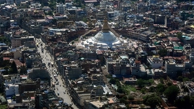 An aerial view shows the Boudhanath Stupa (C) in Kathmandu on May 30, 2025. (AFP)