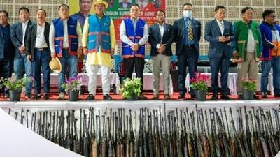 Officials pose with the surrendered air guns in Arunachal Pradesh. (Photo from X) Officials pose with the surrendered air guns in Arunachal Pradesh. (Photo from X)